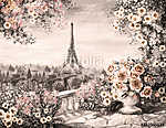 Olajfestmény, nyáron Párizsban. kedves városi táj. virágos rózsa (id: 10256) falikép keretezve