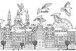 Birds over Budapest - hand drawn black and white illustration of (id: 15256) poszter