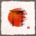 Torii kapuk és a piros, felemelkedő nap kézzel húzott tintával h (id: 10457) tapéta