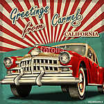 Vintage touristic greeting card with retro car.Carmel. California. vászonkép, poszter vagy falikép