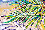 Details of acrylic paintings showing colour, textures and techniques. Expressionistic palm tree foliage and a sandy beach backg vászonkép, poszter vagy falikép