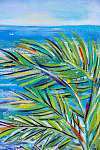 Details of acrylic paintings showing colour, textures and techniques. Expressionistic palm tree foliage and blue sea horizon ba vászonkép, poszter vagy falikép