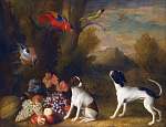 Tájkép egzotikus madarakkal és két kutyával (színverzió 1) vászonkép, poszter vagy falikép