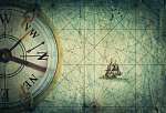 Kékeszöld hajózási térkép illusztráció, iránytűvel vászonkép, poszter vagy falikép