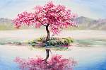 oil painting landscape, oriental cherry tree, sakura on the lake (id: 13176) poszter