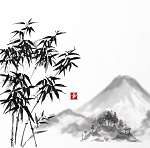 Bambuszfák és Fujiyama hegyek kézzel húzva tintával tradit vászonkép, poszter vagy falikép
