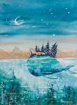 Északi sziget egy bálna hátán, vízfesték stílusban vászonkép, poszter vagy falikép