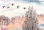 Őszi táj madarakkal akvarell vászonkép, poszter vagy falikép