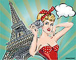 Pop Art, Eiffel torony és vörös ruhás nő vászonkép, poszter vagy falikép