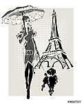 illusztráció Divat nő közelében Eiffel-torony kis kutya vászonkép, poszter vagy falikép