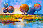 Absztrakt színes mesebeli erdő folyónál (olajfestmény reprodukció) vászonkép, poszter vagy falikép