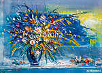 Százszorszép virágcsokor kék vázában (olajfestmény reprodukció) vászonkép, poszter vagy falikép