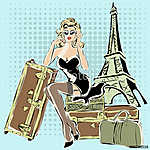 Gyönyörű pin-up nő ül a bőröndök közelében Eiffel Tower Pa vászonkép, poszter vagy falikép