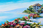 oil painting, house near the sea, sea coast, colorful flowers, s (id: 13887) bögre