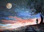 Fantasy illustration with night sky and MilkyWay, stars moon. wo vászonkép, poszter vagy falikép