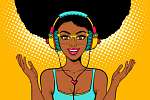 Pop Art - Fekete nő zenét hallgat, fejhallgatóval vászonkép, poszter vagy falikép