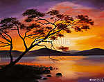 Olajfestmény - naplemente a tónál, absztrakt művészet (id: 4887) poszter