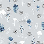 Seamless background pattern with twigs and flowers. Watercolor h vászonkép, poszter vagy falikép