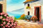 oil painting, house near the sea, sea coast, colorful flowers, s (id: 13891) vászonkép