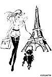 divatos nő kis kutyával az Eiffel-torony közelében vászonkép, poszter vagy falikép