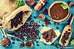 Élelmiszer háttér pörkölt kávébab és csokoládé vászonkép, poszter vagy falikép