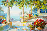Virágok vázában tengerparti háznál (olajfestmény reprodukció) vászonkép, poszter vagy falikép