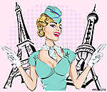 Gyönyörű szexi stewardess az Eiffel-toronnyal és a Keleti Pearl vászonkép, poszter vagy falikép