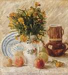 Váza virágokkal, kávéskannával és gyümölccsel vászonkép, poszter vagy falikép
