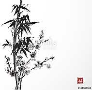Bambusz és sakura fehér alapon. A hagyományos japán tinta vászonkép, poszter vagy falikép