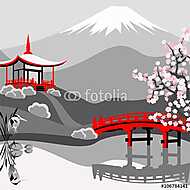 Japán tájkép Fuji-val. Vektor kézzel rajzolt illustratio vászonkép, poszter vagy falikép