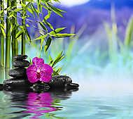 Purple Orchid, Stones és Bambusz a vízen vászonkép, poszter vagy falikép