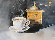 Csésze kávé régi kávédarálóval (akvarell) vászonkép, poszter vagy falikép