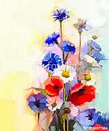 Olajfestés vörös mákvirág, kék búzavirág és fehér százszorszép. vászonkép, poszter vagy falikép