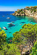 Majorca Spain Mediterranean Sea Coast bay with boats at Santa Po vászonkép, poszter vagy falikép