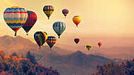 Hőlégballonok a hegyek felett, naplementében vászonkép, poszter vagy falikép