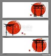 Három szalag szent torii kapukkal és piros, felemelkedő nap kéz- vászonkép, poszter vagy falikép