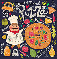 Pizza design menü szakácsnővel vászonkép, poszter vagy falikép