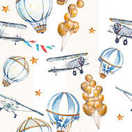 Hőlégballon , repülővel, csíkos tapétaminta gyerekszobába vászonkép, poszter vagy falikép
