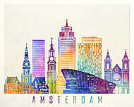 Amsterdam landmarks watercolor poster vászonkép, poszter vagy falikép