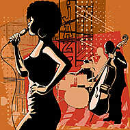 Jazz énekes szaxofonos és dupla basszusgitárokkal vászonkép, poszter vagy falikép