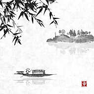 Horgászcsónak, bambusz és a fákkal borított sziget szüreti ric vászonkép, poszter vagy falikép