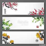 Három, virágzó sakura, bambusz és krizantém bannerek. vászonkép, poszter vagy falikép