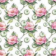 Watercolor floral seamless pattern. Flowers and pearls vászonkép, poszter vagy falikép