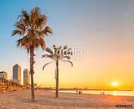 Barceloneta Beach in Barcelona at sunrise vászonkép, poszter vagy falikép