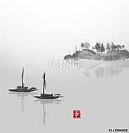 Két halászhajó és a fákkal borított sziget, ködben. Hagyományos vászonkép, poszter vagy falikép