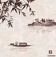 Horgászcsó, bambusz és sziget füves fákkal szüreti ric vászonkép, poszter vagy falikép