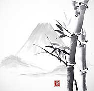 Bambusz és hegyek, kézzel festett tintával vászonkép, poszter vagy falikép