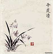 Vad orchidea a réten. A hagyományos japán festékfestés sumi-e vászonkép, poszter vagy falikép