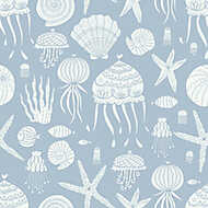 Kagylók-csillagok-medúzák tapétaminta - szürkéskék vászonkép, poszter vagy falikép