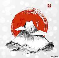Fujiyama hegy és nagy vörös nap. vászonkép, poszter vagy falikép